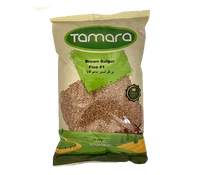 Tamara Brown Bulgur Fine #1, 2lb, premium grain for tabbouleh, shown in a clear image highlighting the fine texture and packaging.