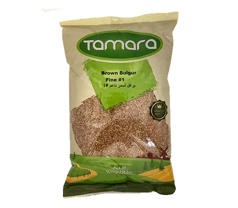 Tamara Brown Bulgur Fine #1, 2lb, premium grain for tabbouleh, shown in a clear image highlighting the fine texture and packaging.