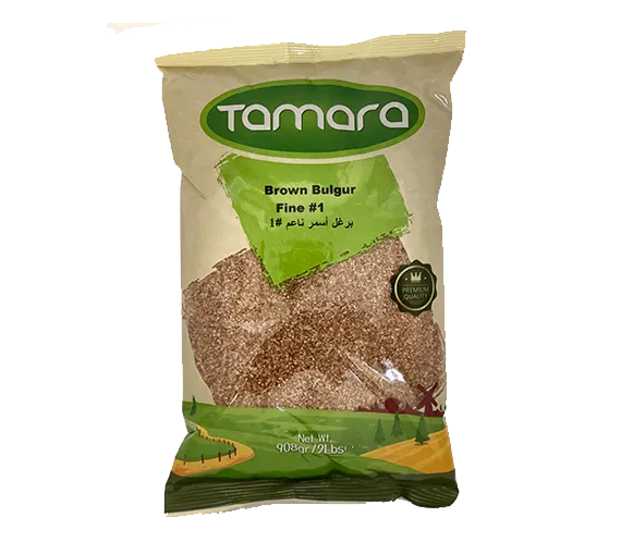 Tamara Brown Bulgur Fine #1, 2lb, premium grain for tabbouleh, shown in a clear image highlighting the fine texture and packaging.
