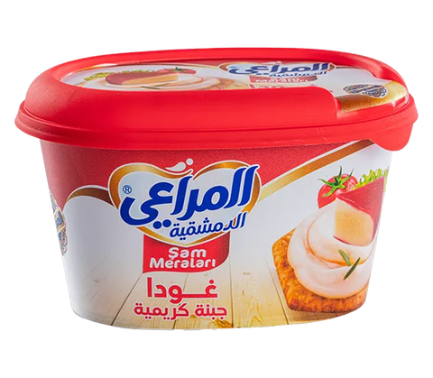 Almarai Dimashqiya Gouda Cream Cheese Spread in a gourmet breakfast tub, creamy cheese spread with gouda flavor for breakfast or snacks.