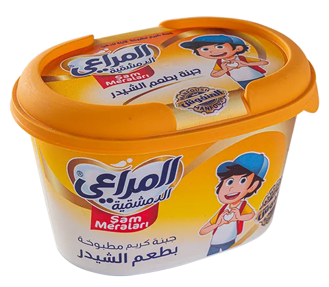 Almarai Sam Meraları Cheddar Cheese Spread tub with creamy texture, ideal for snacks and spreading on bread or crackers.