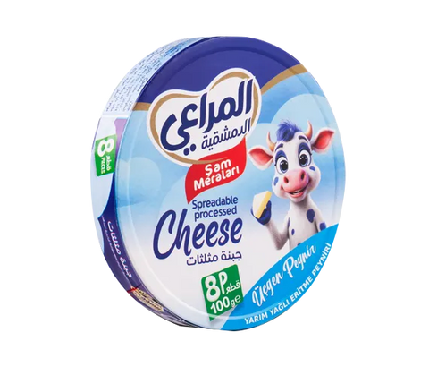 Almarai Sam Meralari spreadable processed cheese 100g snack wedges, eight pieces, creamy cheese with a smooth texture.