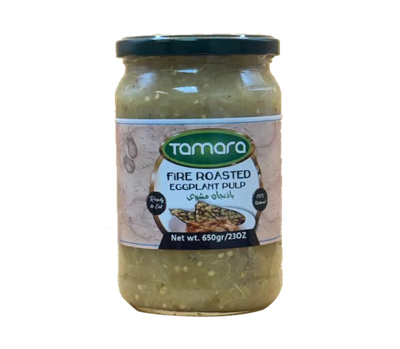 Tamara Fire Roasted Eggplant Pulp 650g jar showing the smoked, ready-to-eat eggplant puree with a dark, roasted appearance.