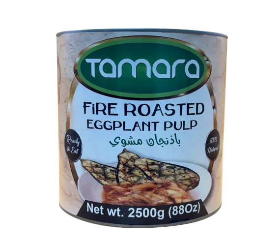 Tamara Fire Roasted Eggplant Pulp in an 88oz container, ready to eat, with smoky roasted eggplant visible in the image.