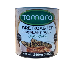 Tamara Fire Roasted Eggplant Pulp in an 88oz container, ready to eat, with smoky roasted eggplant visible in the image.