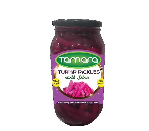 Tamara Turnip Pickles 1000g jar, 100% natural, showcasing fresh turnip pickles in a clear glass jar for authentic shawarma.