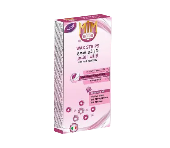 MIM Hair Removal Wax Strips Ultimate Kit for Sensitive Skin, 28-count, for face and body, with natural wax strips and applicator sticks.