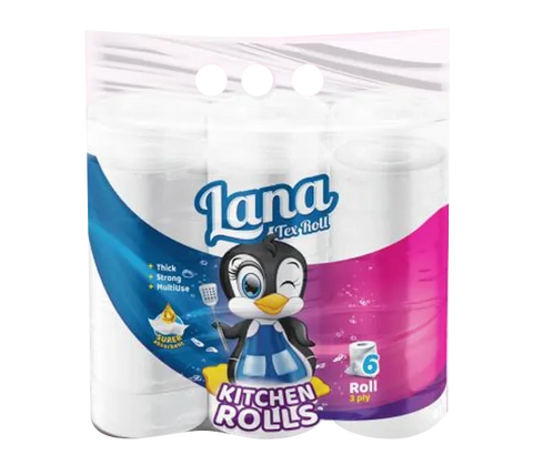Lana Kitchen Paper Towel 6 Rolls, 3-Ply super absorbent paper towels for home cleaning and kitchen use.