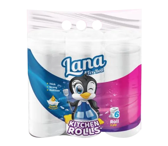 Lana Kitchen Paper Towel 6 Rolls, 3-Ply super absorbent paper towels for home cleaning and kitchen use.