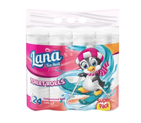 Lana 3-Ply Toilet Paper 24-count compressed soft rolls, showing neatly stacked rolls with soft, white paper texture.