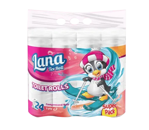 Lana 3-Ply Toilet Paper 24-count compressed soft rolls, showing neatly stacked rolls with soft, white paper texture.