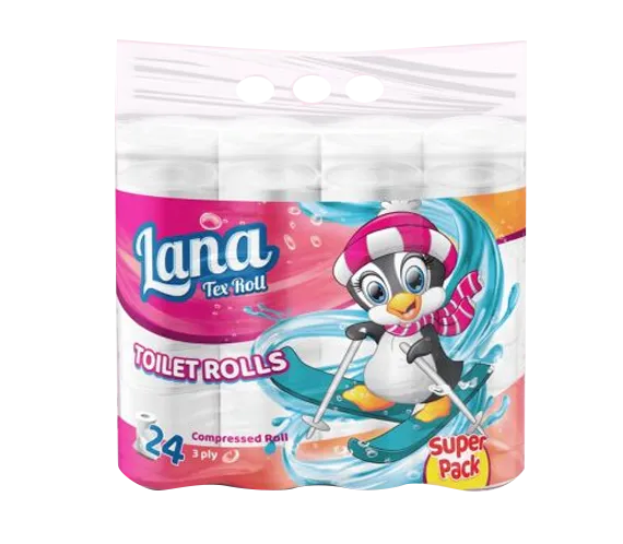 Lana 3-Ply Toilet Paper 24-count compressed soft rolls, showing neatly stacked rolls with soft, white paper texture.