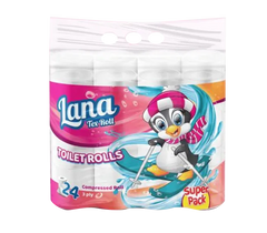 Lana 3-Ply Toilet Paper 24-count compressed soft rolls, showing neatly stacked rolls with soft, white paper texture.