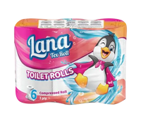 Lana Tex Roll toilet paper 6-pack, 3-ply compressed for home use, showing soft, white toilet paper rolls stacked together.