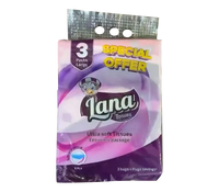 Lana Ultra Soft 3-Ply Tissues in three large packs, showing soft, white facial tissues in an economic bundle.