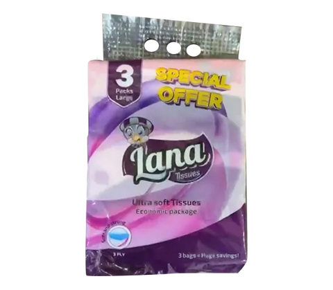 Lana Ultra Soft 3-Ply Tissues in three large packs, showing soft, white facial tissues in an economic bundle.