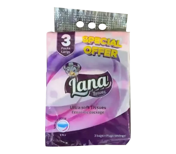 Lana Ultra Soft 3-Ply Tissues in three large packs, showing soft, white facial tissues in an economic bundle.