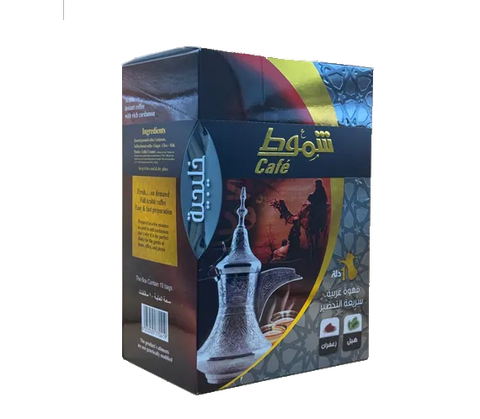Shmookh Café instant Arabic coffee packet with cardamom and saffron flavor, featuring the Coffee:Shammout brand logo.