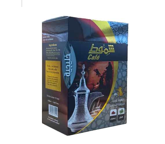 Shmookh Café instant Arabic coffee packet with cardamom and saffron flavor, featuring the Coffee:Shammout brand logo.