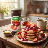 Tamara Strawberry Jam 430g jar with label, showcasing a country-style spread for breakfast on a rustic table.