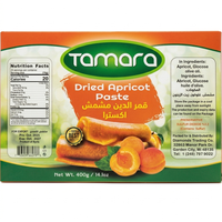 Tamara dried apricot paste and Qamar al-Din fruit leather sheet in a 400g package with apricots and fruit leather visible.