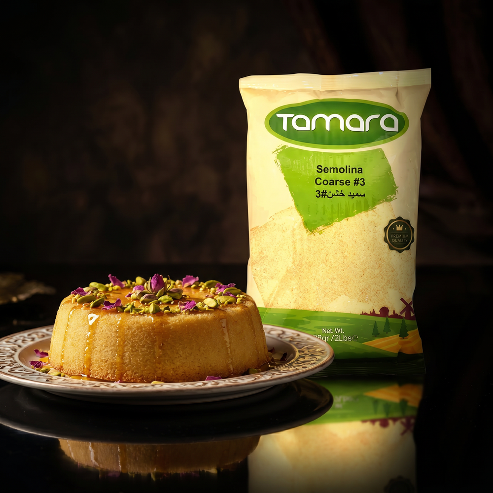 Tamara Coarse Semolina #3, 2lb bag, premium durum wheat for desserts, shown in a clear image with packaging details.
