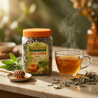 Bsateen Al Sharq dried sage leaves in a 3.5oz natural herb package, ideal for tea, with fresh green sage leaves visible.