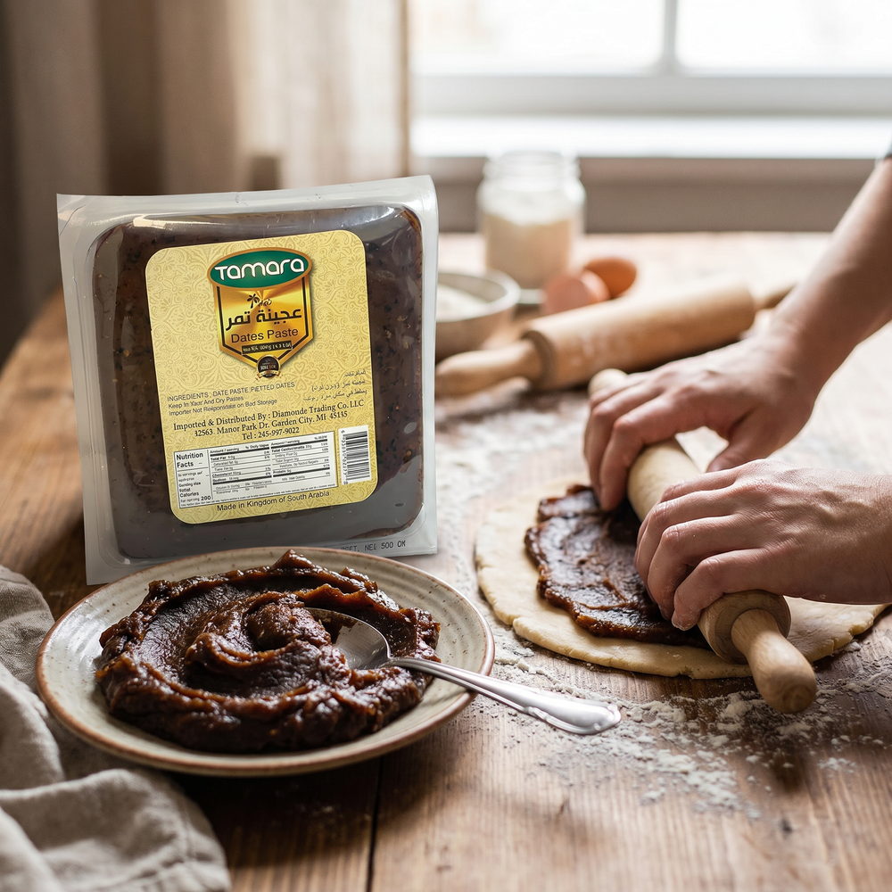 Tamara Natural Dates Paste 500g jar showing smooth, dark pitted dates paste for baking and desserts in a clear container