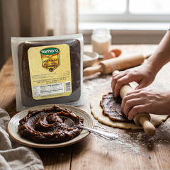 Tamara Natural Dates Paste 500g jar showing smooth, dark pitted dates paste for baking and desserts in a clear container