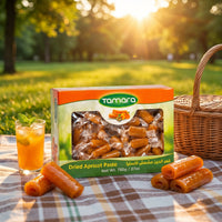Tamara dried apricot paste rolls in 750g package, individually wrapped snack with vibrant orange color and smooth texture.