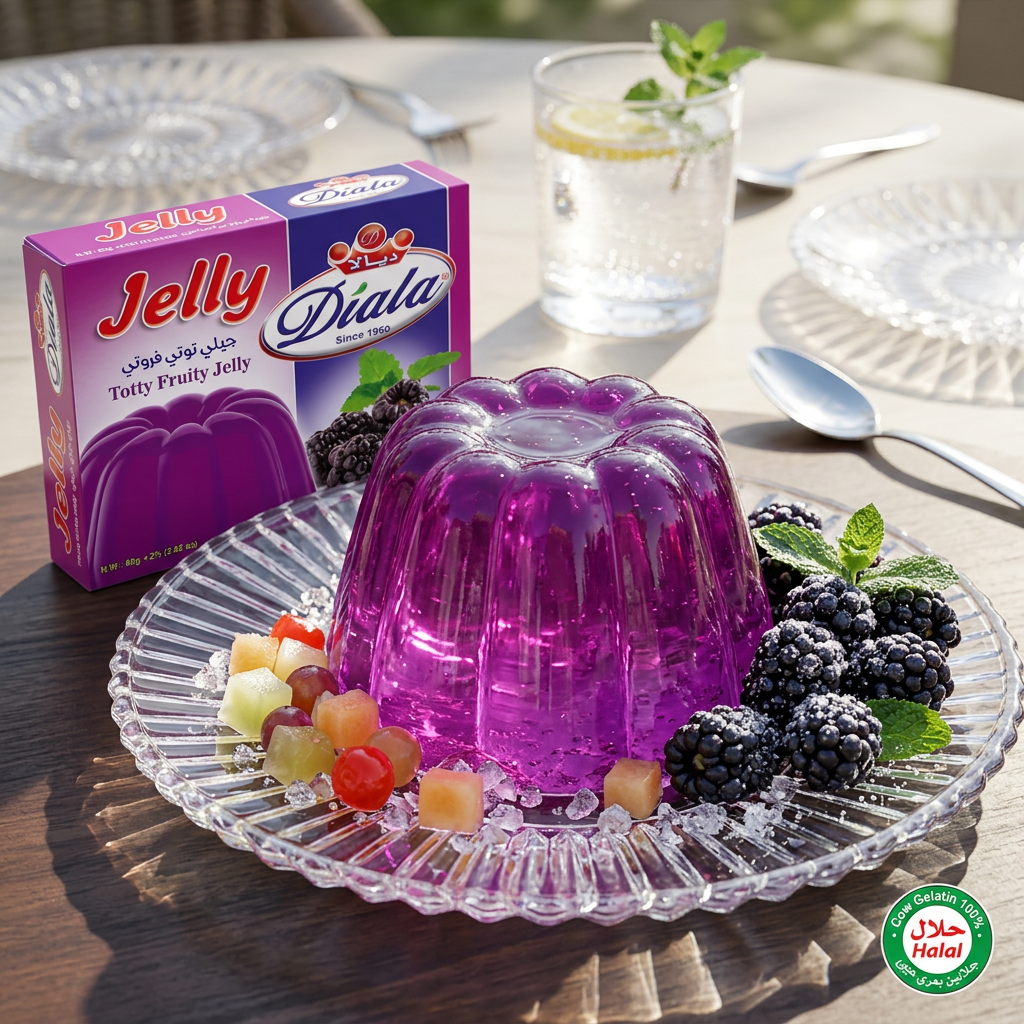 Diala Totty Fruity Jelly 80g halal gelatin dessert mix with colorful fruit flavors and packaging showing a vibrant jelly dessert.