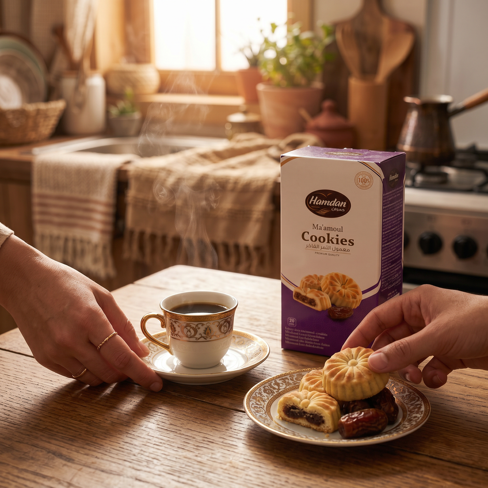 Hamdan Ma'amoul Cookies with date filling, 20-piece box of traditional Middle Eastern shortbread sweets, perfect for coffee or tea.