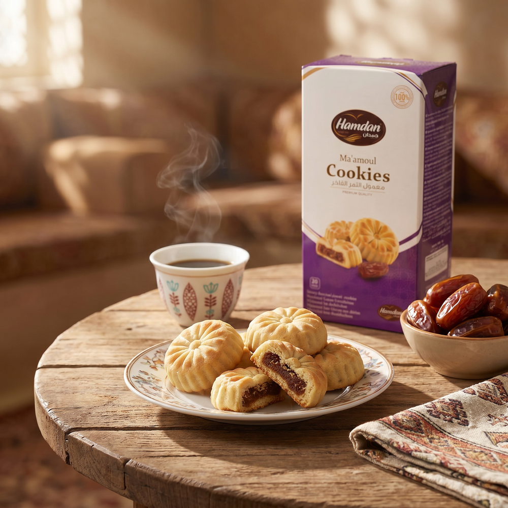 Hamdan Ma'amoul cookies with date filling, traditional Middle Eastern shortbread, 20-piece gourmet snack for coffee or tea.