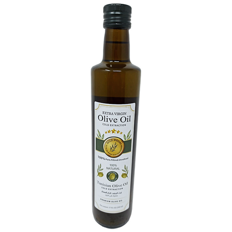 Bottle of SANI-LLC Premium Tunisian Extra Virgin Olive Oil, 17 fl oz, clear glass container with golden olive oil inside.