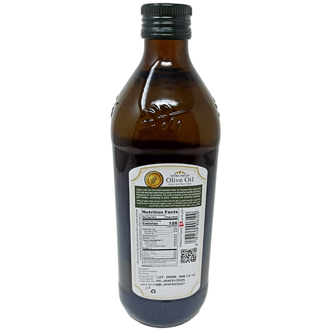 Bottle of SANI-LLC Premium Tunisian Extra Virgin Olive Oil, clear glass container with golden oil, label visible, 33.8 fl oz (1 L).