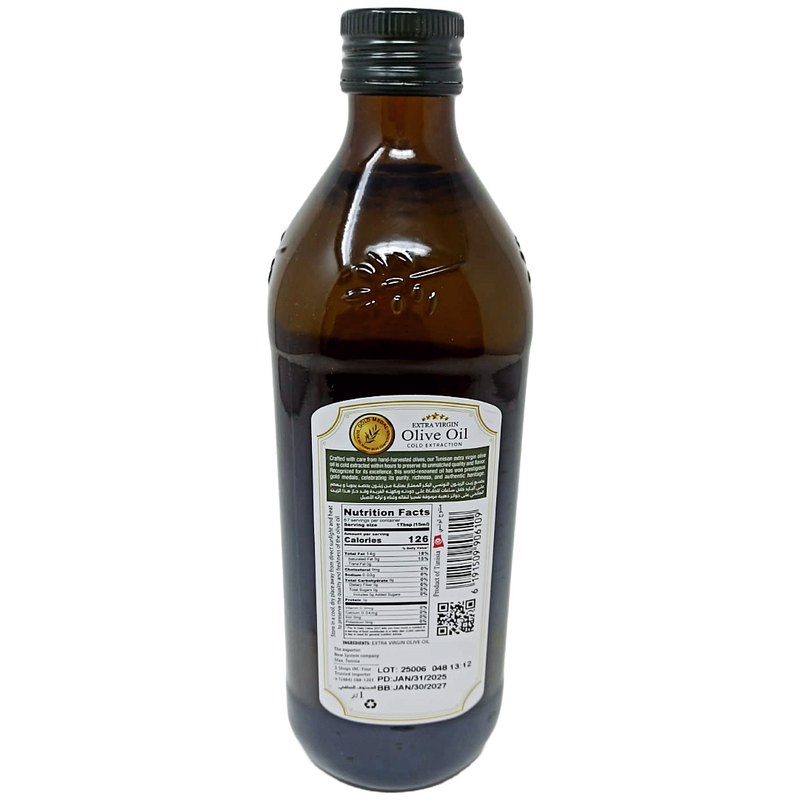 Bottle of SANI-LLC Premium Tunisian Extra Virgin Olive Oil, clear glass container with golden oil, label visible, 33.8 fl oz (1 L).
