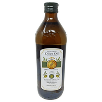Bottle of SANI-LLC Premium Tunisian Extra Virgin Olive Oil, 33.8 fl oz, clear glass bottle with olive oil inside.