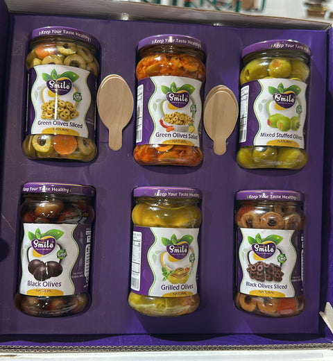 Smile Gourmet Olive Gift Box – 6 Varieties of Natural Olives (Green, Black, Stuffed, Grilled & Salad) – Non-GMO, 6 × 300g - SANI-LLC