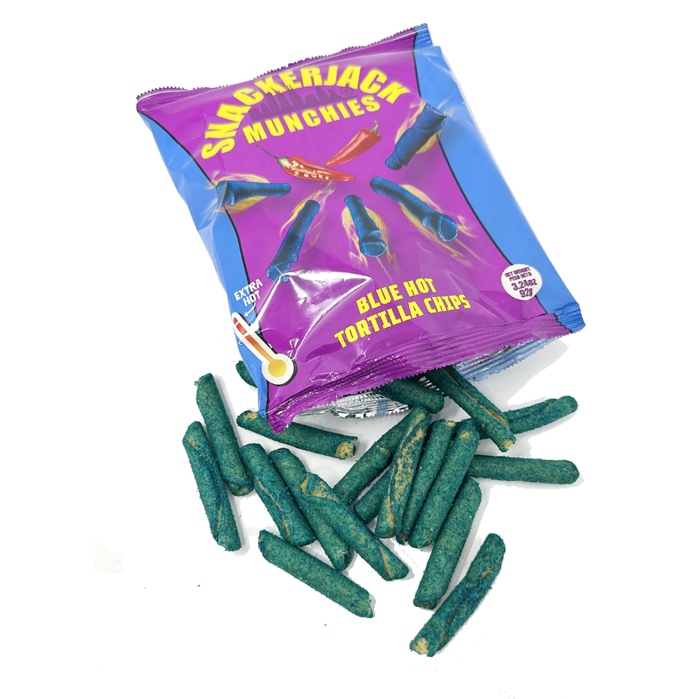 Snackerjack Munchies Blue Hot Rolled Tortilla Chips - Extra Hot Spicy Snack, 3.24oz Bag - SANI-LLC