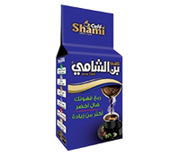 Shami Cafe Turkish Coffee 200g with extra green cardamom, showing a blue coffee package with coffee beans and cardamom pods.