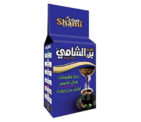 Shami Cafe Turkish Coffee 200g with extra green cardamom, showing a blue coffee package with coffee beans and cardamom pods.