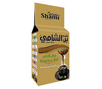 Shami Cafe Café Shami Turkish Coffee with green cardamom, featuring golden packaging and a traditional coffee blend.