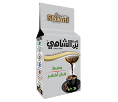 Silver can of Shami Cafe Turkish coffee with medium roast and green cardamom, 200g, showcasing the product packaging.