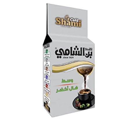 Silver can of Shami Cafe Turkish coffee with medium roast and green cardamom, 200g, showcasing the product packaging.