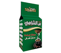 Shami Cafe Café Shami Mocha Plain Ground Coffee in green packaging, suitable for Turkish brew, without cardamom.