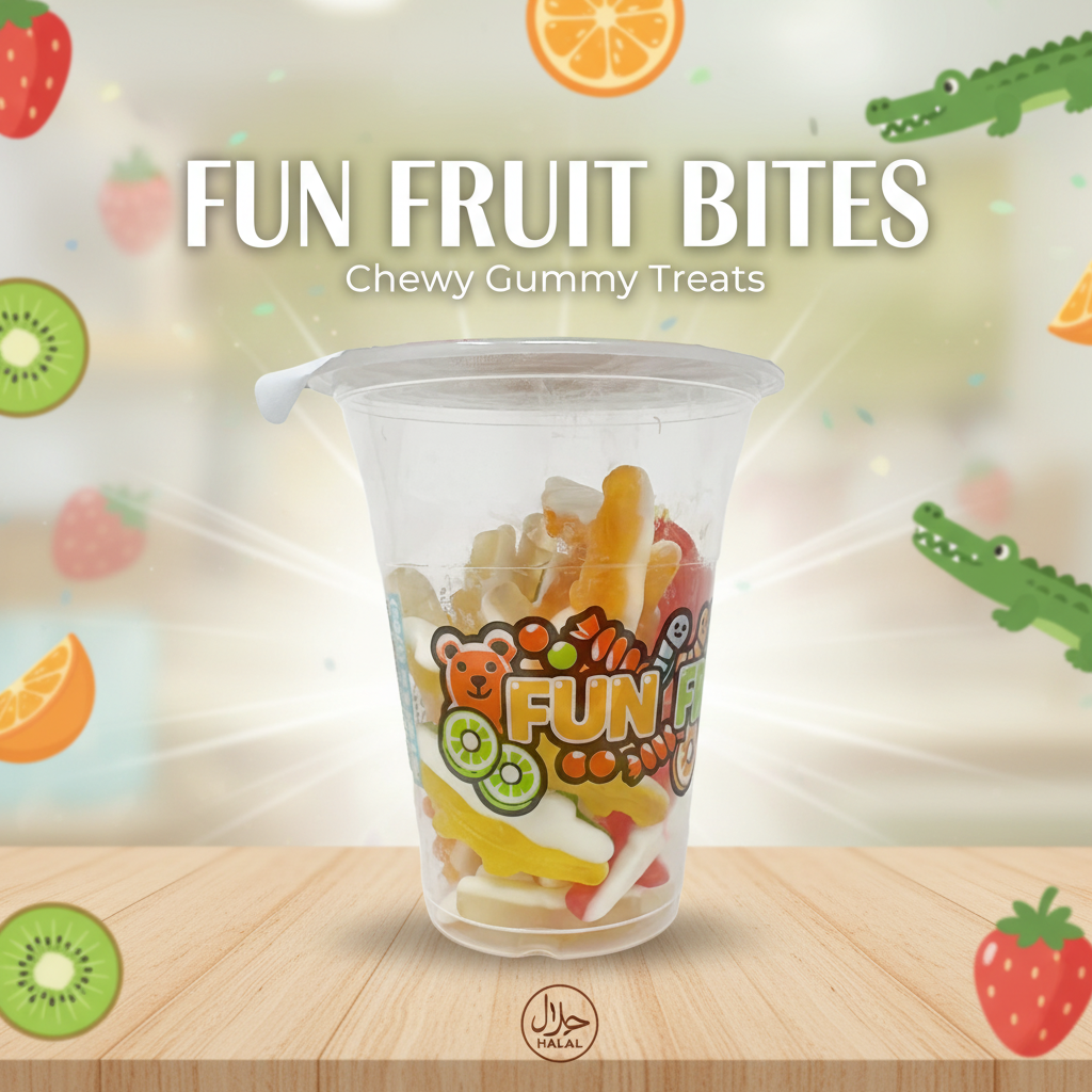 Fun Fruit Bites Assorted Gummy Candy Cup - Chewy Crocodile & Fruit Shaped Treats, Halal Certified