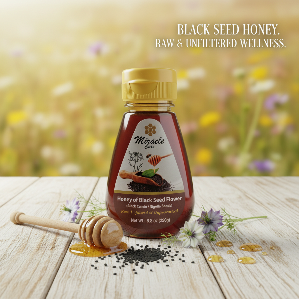 Miracle Cure Black Seed Honey 8.8 oz (250g) Raw Unfiltered & Unpasteurized Pure Natural for Wellness & Sweetener - SANI-LLC