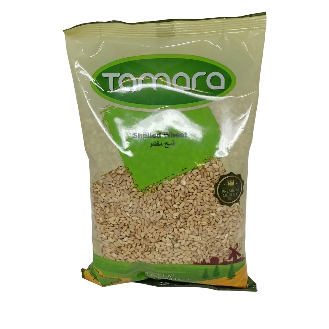 Tamara Shelled Wheat 2lb bag showing hulled durum wheat berries for traditional harees, soups, and healthy grain salads
