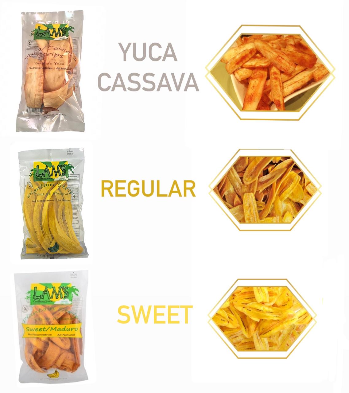 Lam's Plantain chips, banana chips, Sweet || Maduro || Yuca || Cassava strips || Regular Plantain Chips || 2.5 oz - 1PaysLess