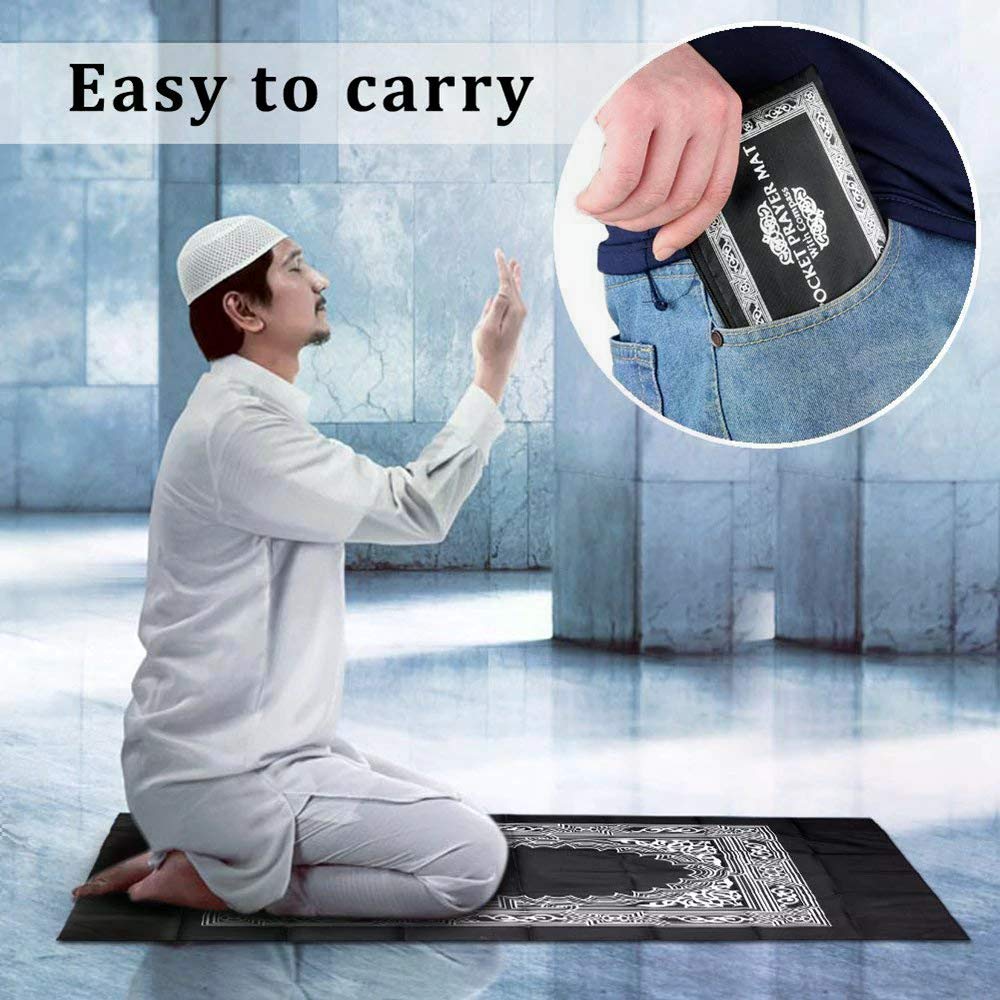 Islamic Muslim Rug Travel Prayer || Mat with compass Pocket Sized Carry Bag Cover 4x5inch || Mat 60x100cm || 4 Color Choice (Black)